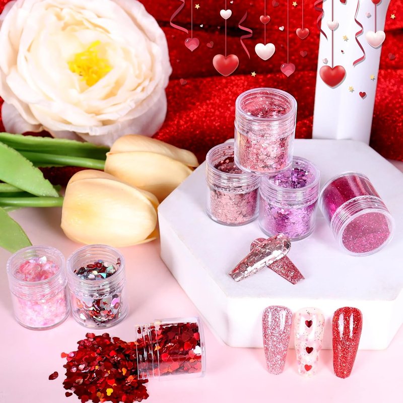 Laza Nail Art Glitter - 12 Colors Chunky Red & Pink Glitter Powder | Perfect for Valentine's Day Nail Designs