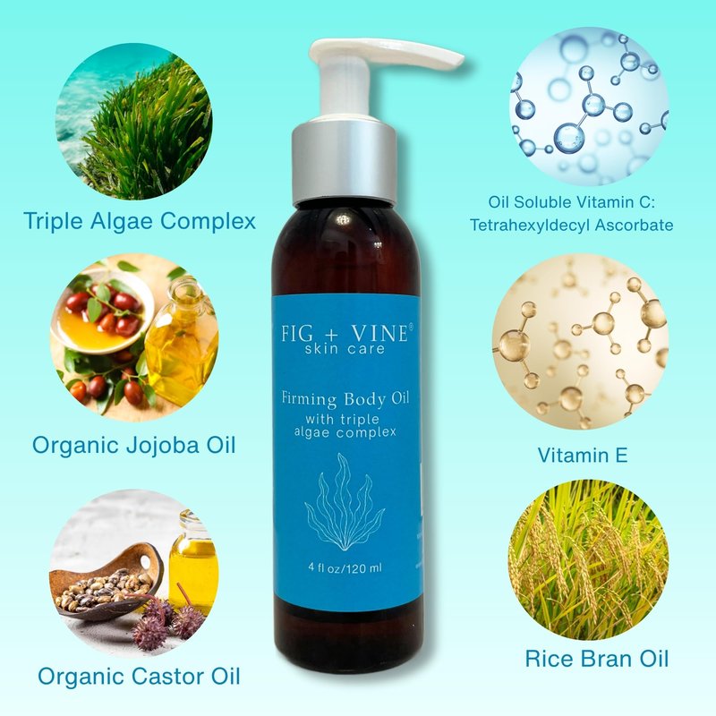 Firming Body Oil Serum with Triple Algae Complex | Non Greasy, Fast Absorbing Moisturizer with Vitamin C, E, Jojoba, Castor for Firming & Brightening | Pistachio, Caramel, Vanilla Scented Body Oil