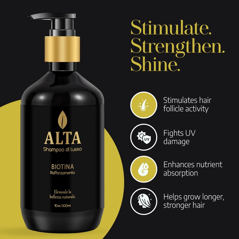 All Goods Alta Strengthening Biotin + Caffeine Shampoo 10oz – DHT Blocker Formula for Hair Loss & Thinning – Thickening, Volumizing & Strengthening Shampoo for Women & Men.