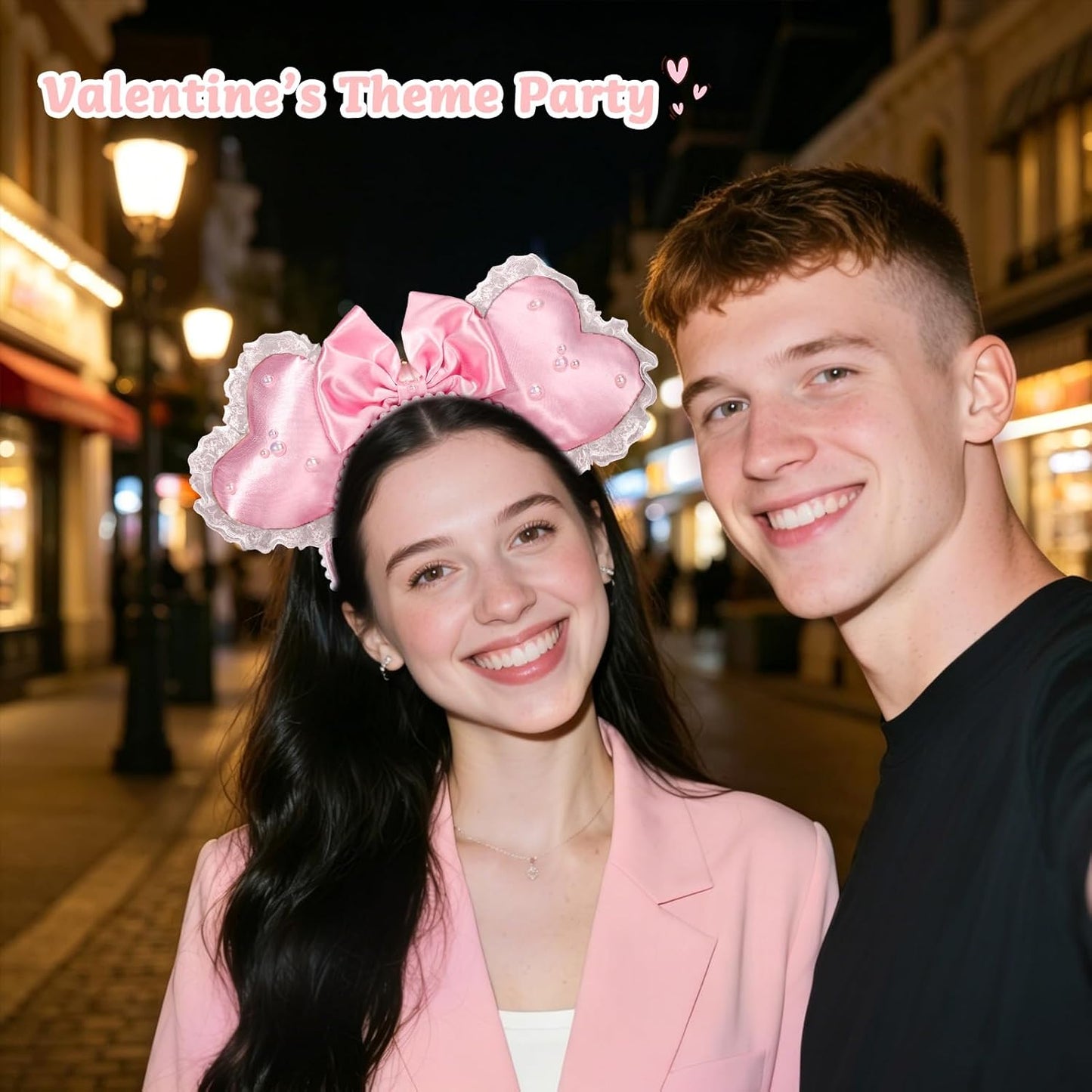 Pink Heart Coquette Headband - 3D Sweetheart Design with Pearl Lace Decor | Perfect for Valentine's Day Parties