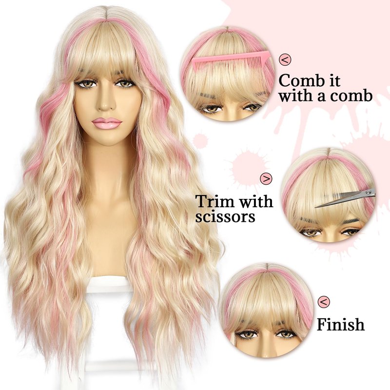 SAPPHIREWIGS Blonde Wig with Bangs Long Loose Wavy Wig Highlight Pink Hair Synthetic Heat Resistant Fiber Hair for Women Daily Party Use 26inch