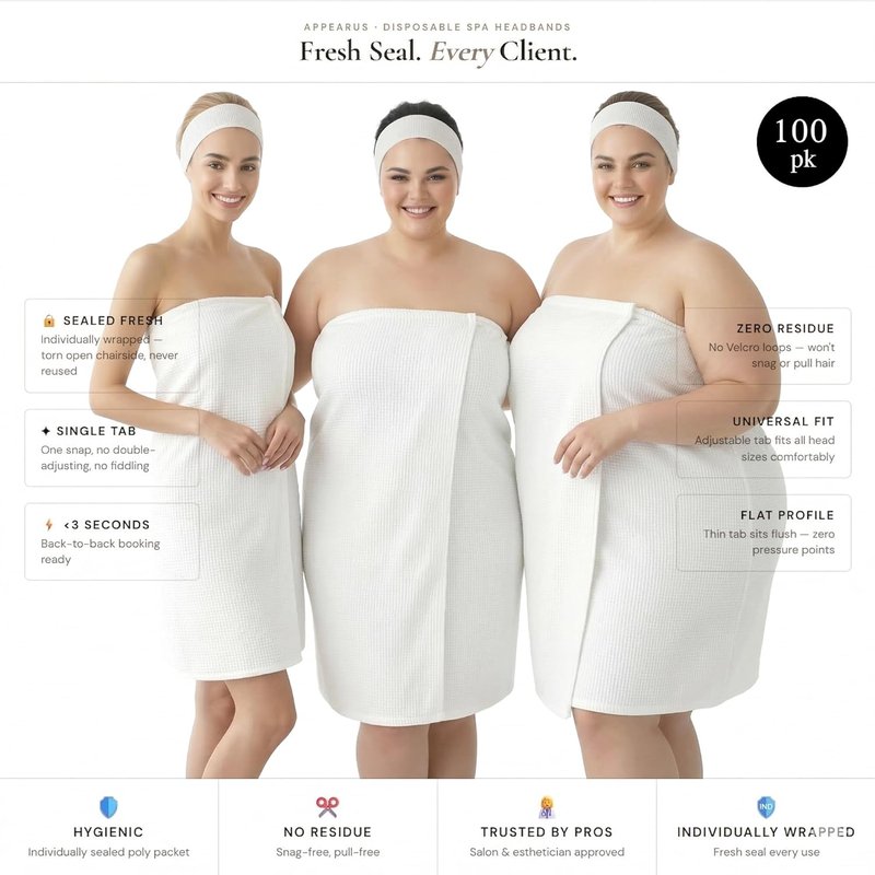Disposable Stretch Facial Headbands - 100 Count Snag-Free Adhesive for Spa & Estheticians | White