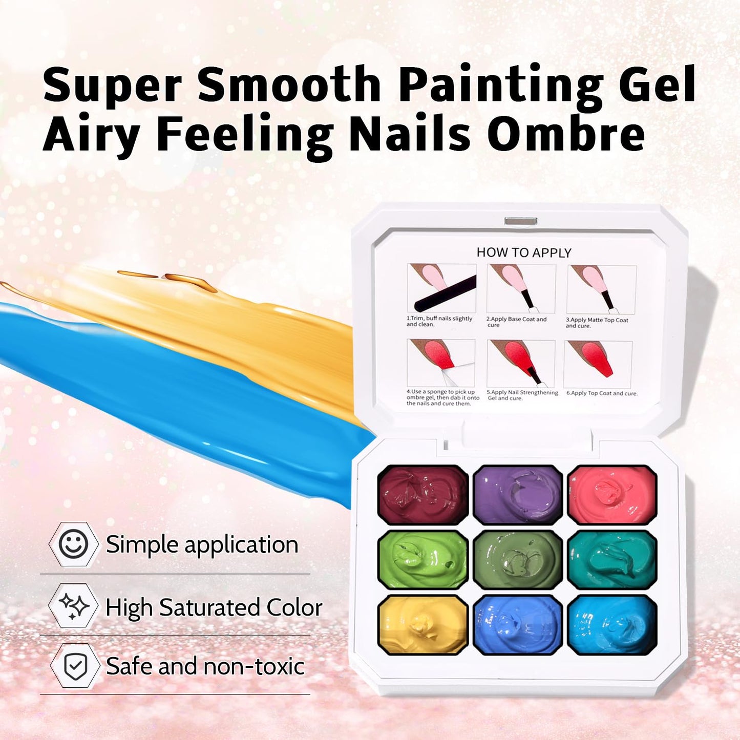 Ombre Nail Gel Set - 9 Colors Sponge Pat Paint for Floral Nail Art, No Wipe, UV/LED Curing