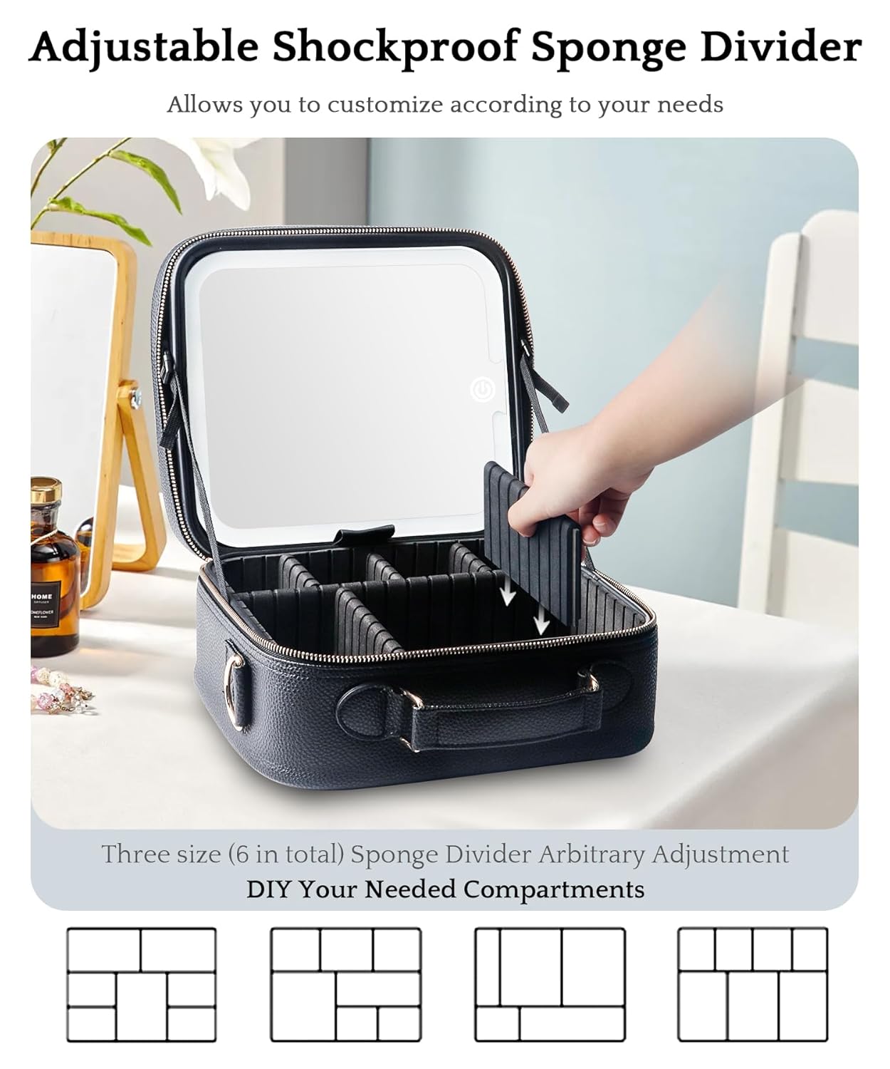 Travel Makeup Bag with Lighted Mirror - Adjustable Brightness, Waterproof Design | Black