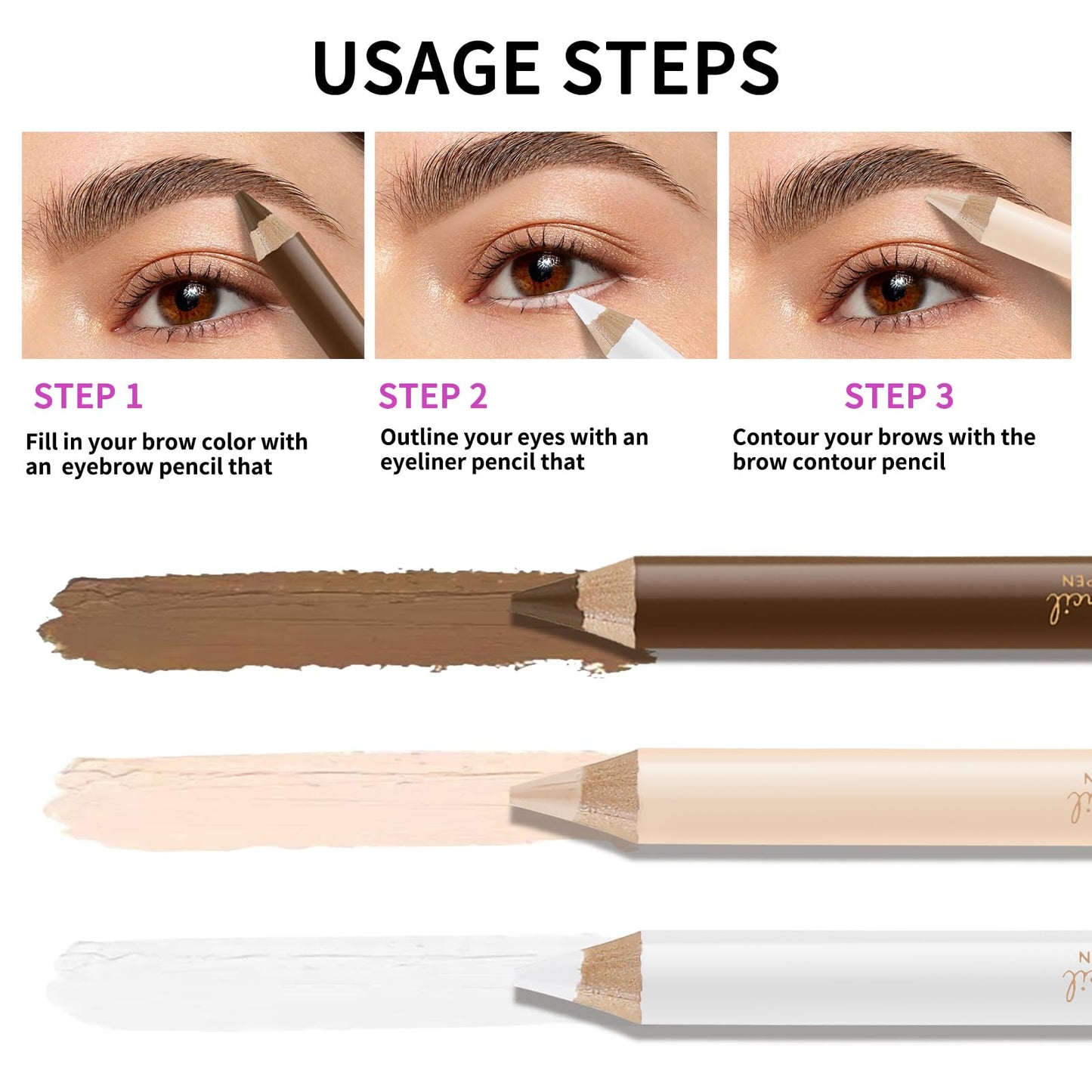 Apooliy 3Pcs Eyebrow Pencil Eyeliner Contour Set, Waterproof Long Lasting Brow Pen, Smooth White Eyeliner,Translucent Contour Pen,3 Colors Makeup Pencil