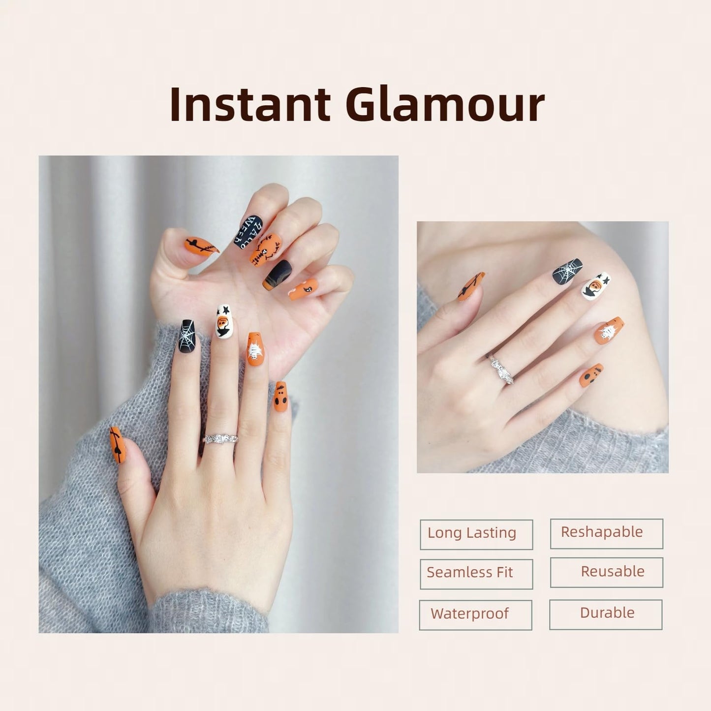 LARSOOY Nails Handmade Press On Nails Middle Square | Hand Painted Reusable False Nails with Unique Halloween Designs | 10 Pcs (Halloween Drawing, M)