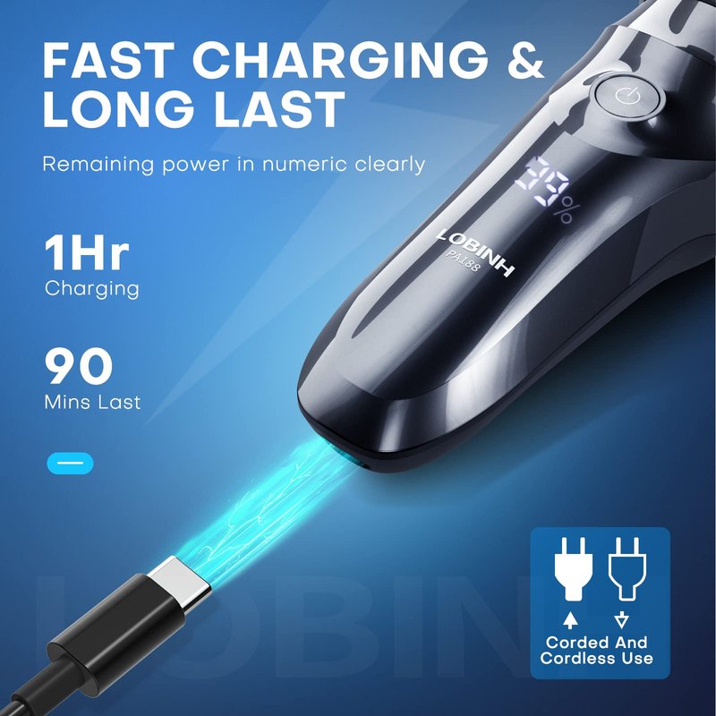 LOBINH Electric Razor for Men, 3D Rechargeable Waterproof IPX7 Electric Shaver for Men Wet & Dry, Cordless Rotary Razor with Beard Pop-up Trimmer, 1 Hour Fast Charging, 4D Floating Head
