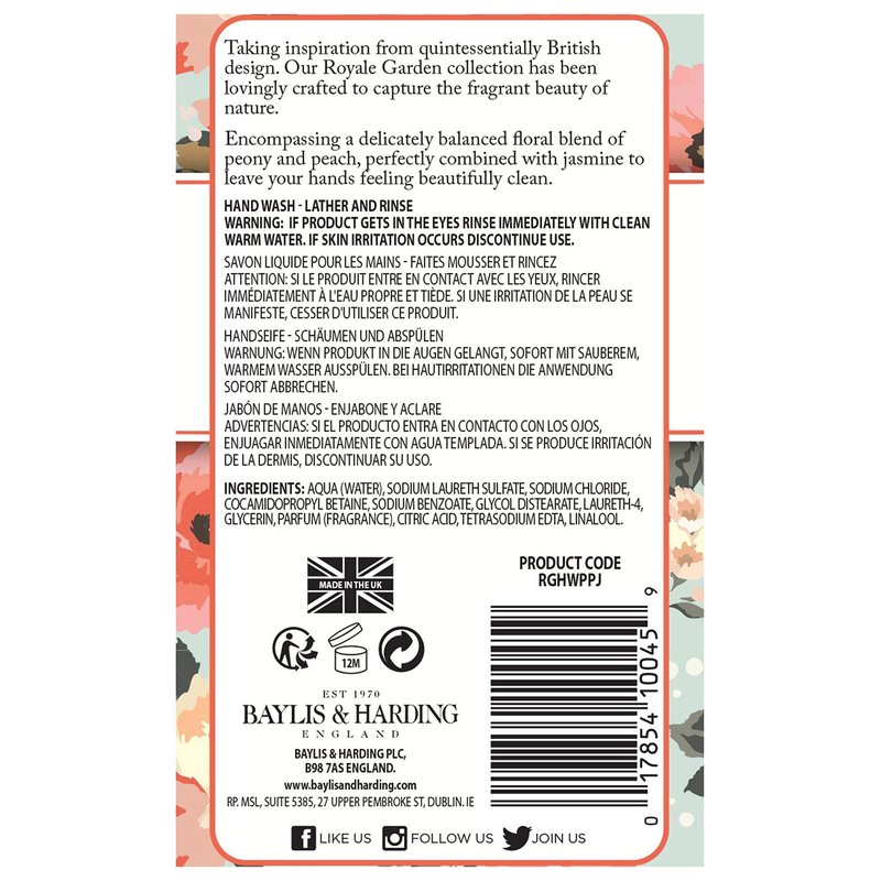 Baylis & Harding Liquid Hand Soap Wash with Dispenser, Royale Garden, Verbena & Chamomile, 16.9oz/500ml (6-Pack)