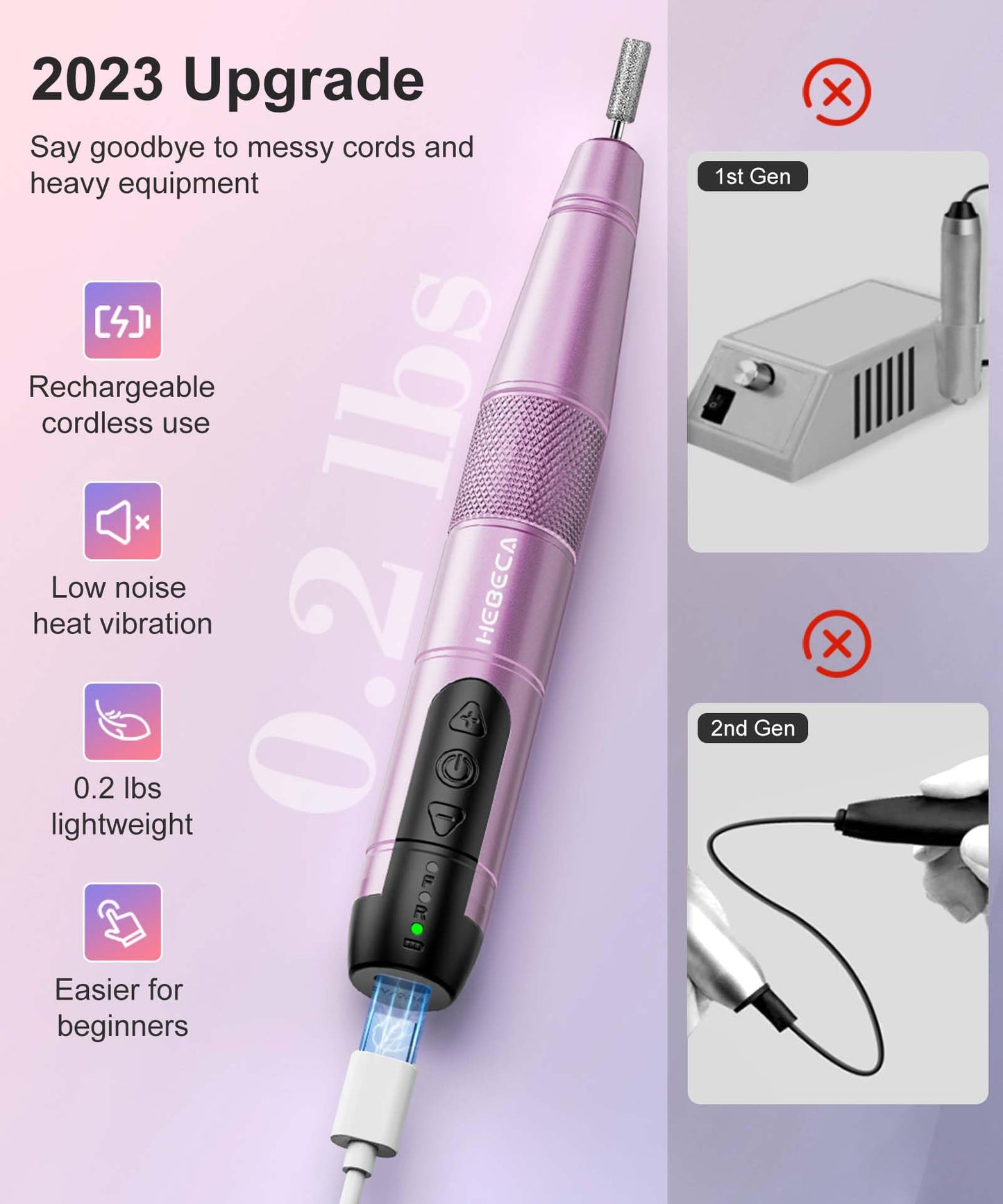 HEBECA Cordless Nail Drill Set, Electric Nail Files and Buffers Drill Nails for Natural or Acrylic Gel Nails - Rechargeable Nail File Nail Drill Machine Manicure Nail Dremel Kit (Purple)