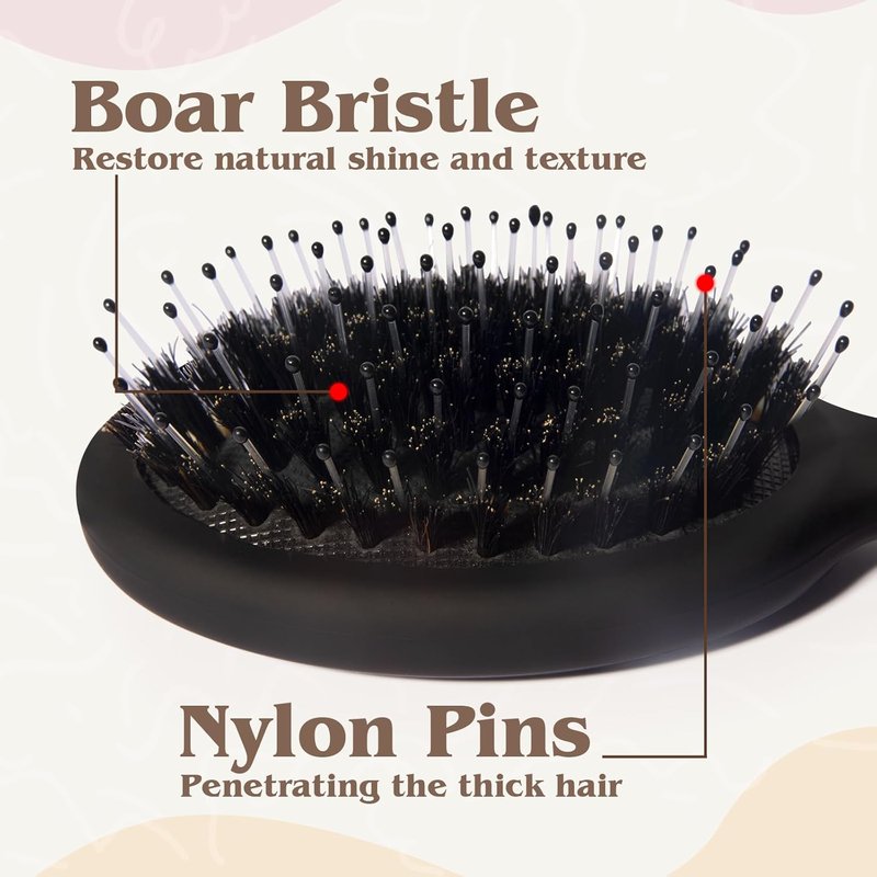 Mini Boar Bristle Hair Brush - Small Boar & Nylon Brush for Women & Kids | Travel Size for Long & Short Hair, Black