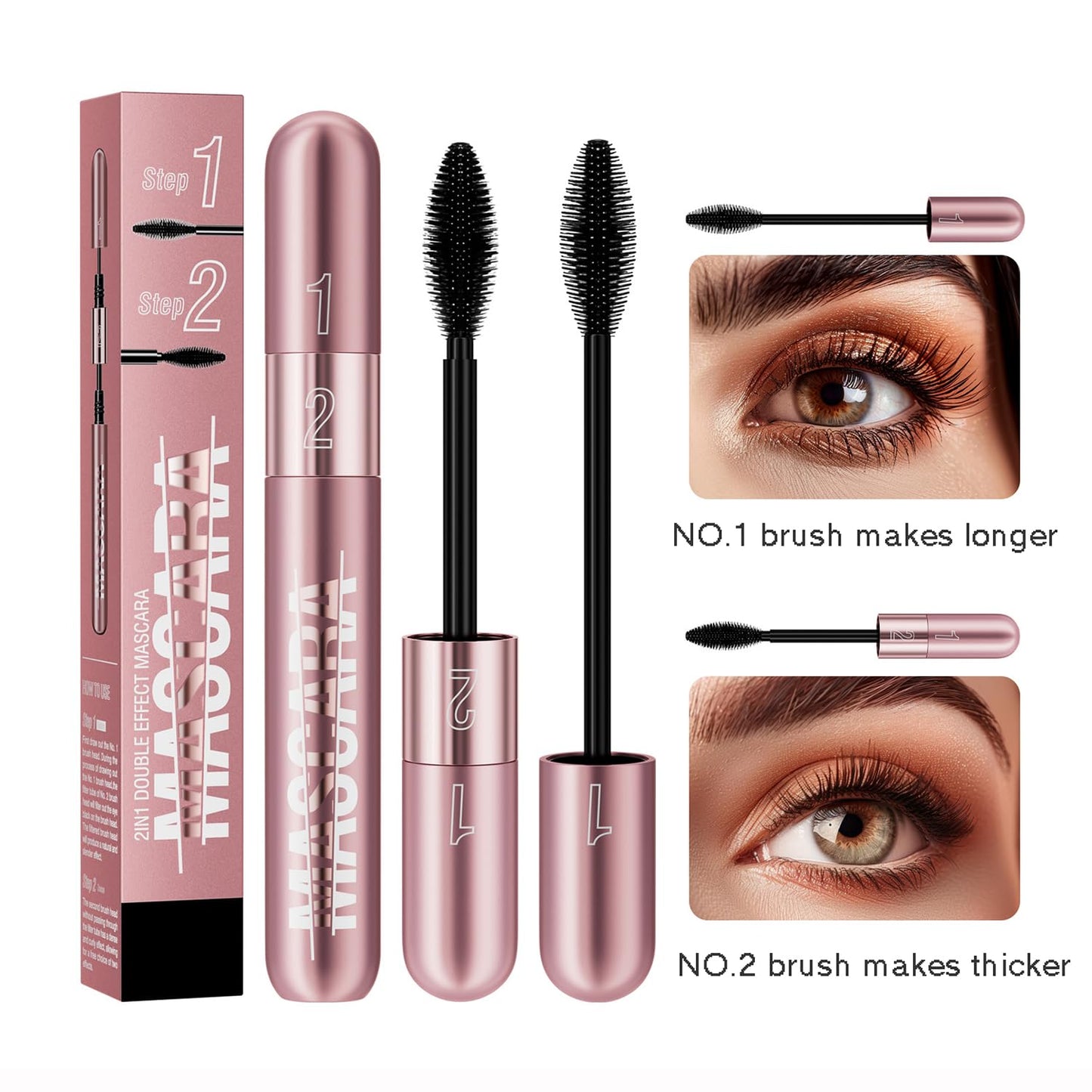 2Pcs 2 Step Lengthening & Volumizing Tubing Mascara, Smudge-Proof, Clump-Free, 2 in 1 Black Mascara For Natural Lengthening And Thickening Effect