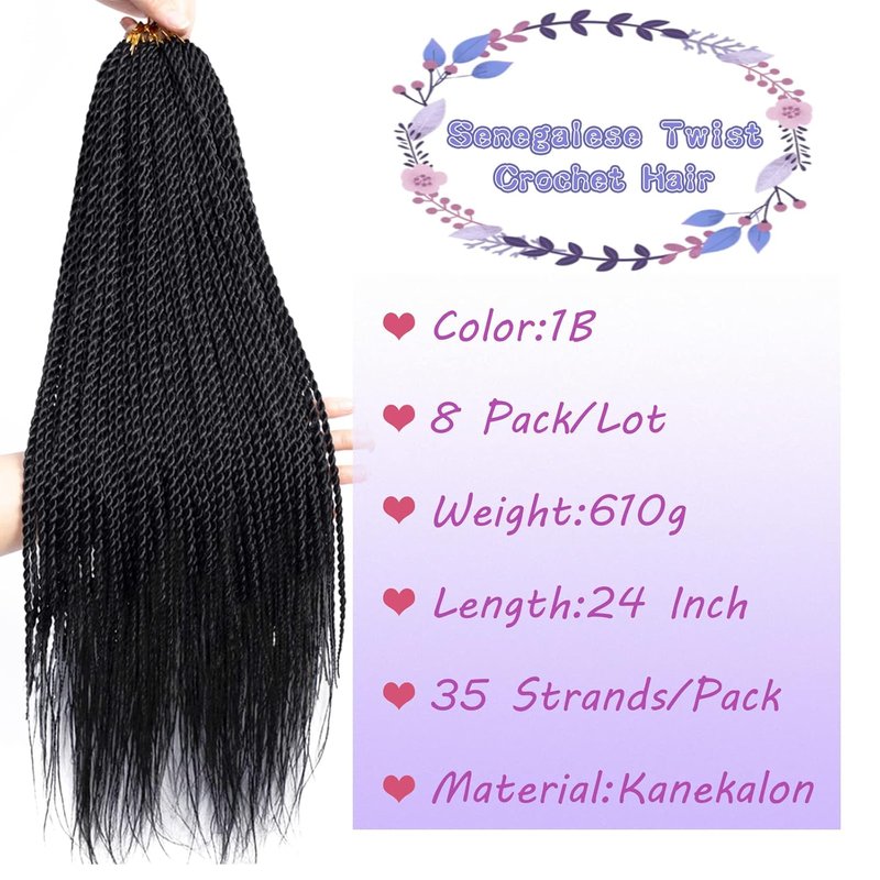 Senegalese Twist Crochet Hair - 24 Inch Pre-Looped Synthetic Braids for Black Women | 8 Packs, 35 Strands Each