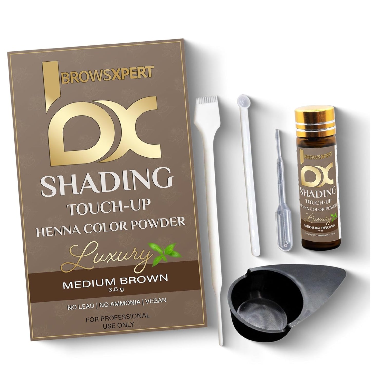 BROWSXPERT Professional Shading Touch-Up Kit - Herbal Henna Color Powder with Mixing Dish & Brush | 3.5g | Medium Natural Brown