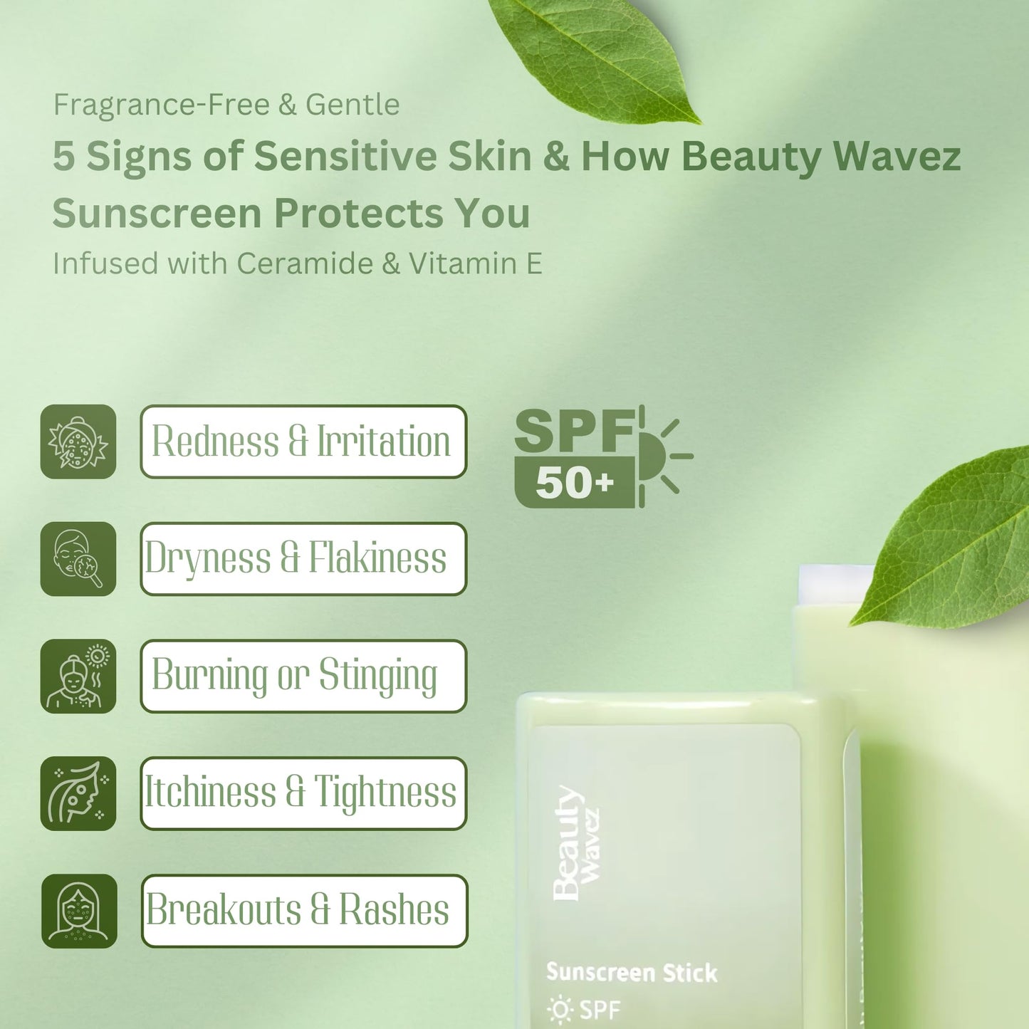 Beauty Wavez Face Sunscreen Stick for Sensitive Skin – Broad Spectrum SPF 50+ with Ceramide & Vitamin E – UVA/UVB Protection, Travel Size