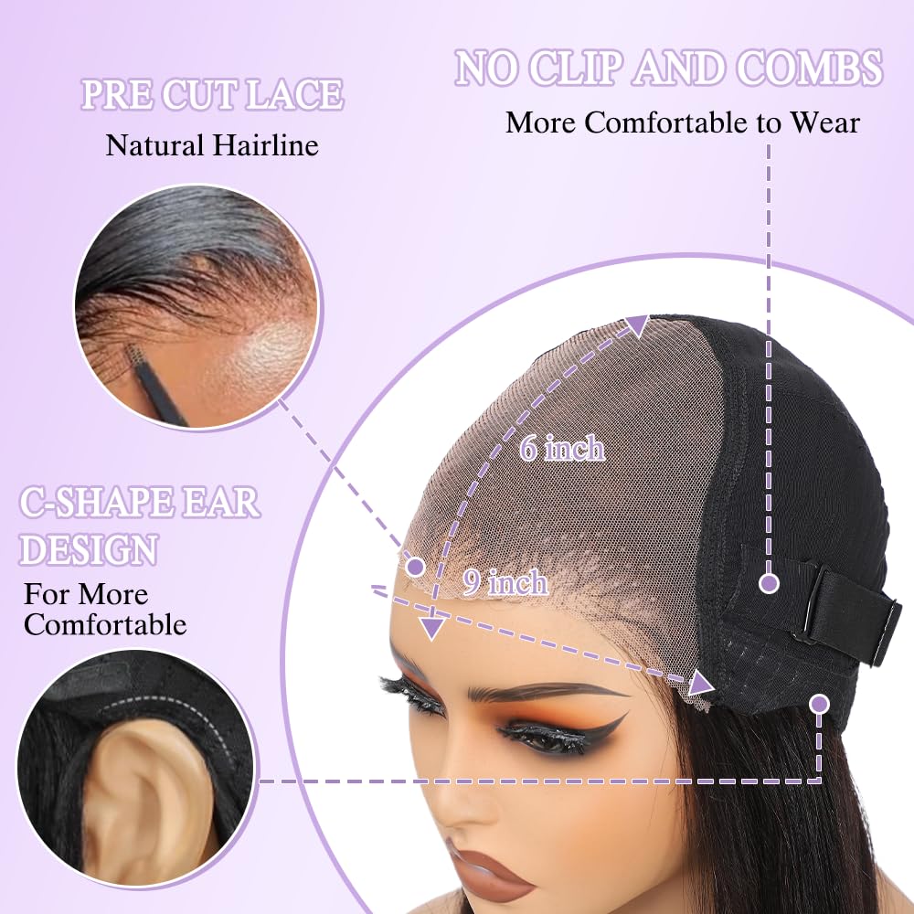 GUDOZO Bob Wig Human Hair Glueless Wigs Human Hair Pre Plucked Pre Cut Yaki Straight Human Hair Wig 180% Density 9x6 HD Lace Front Wigs for Black Women 14Inch