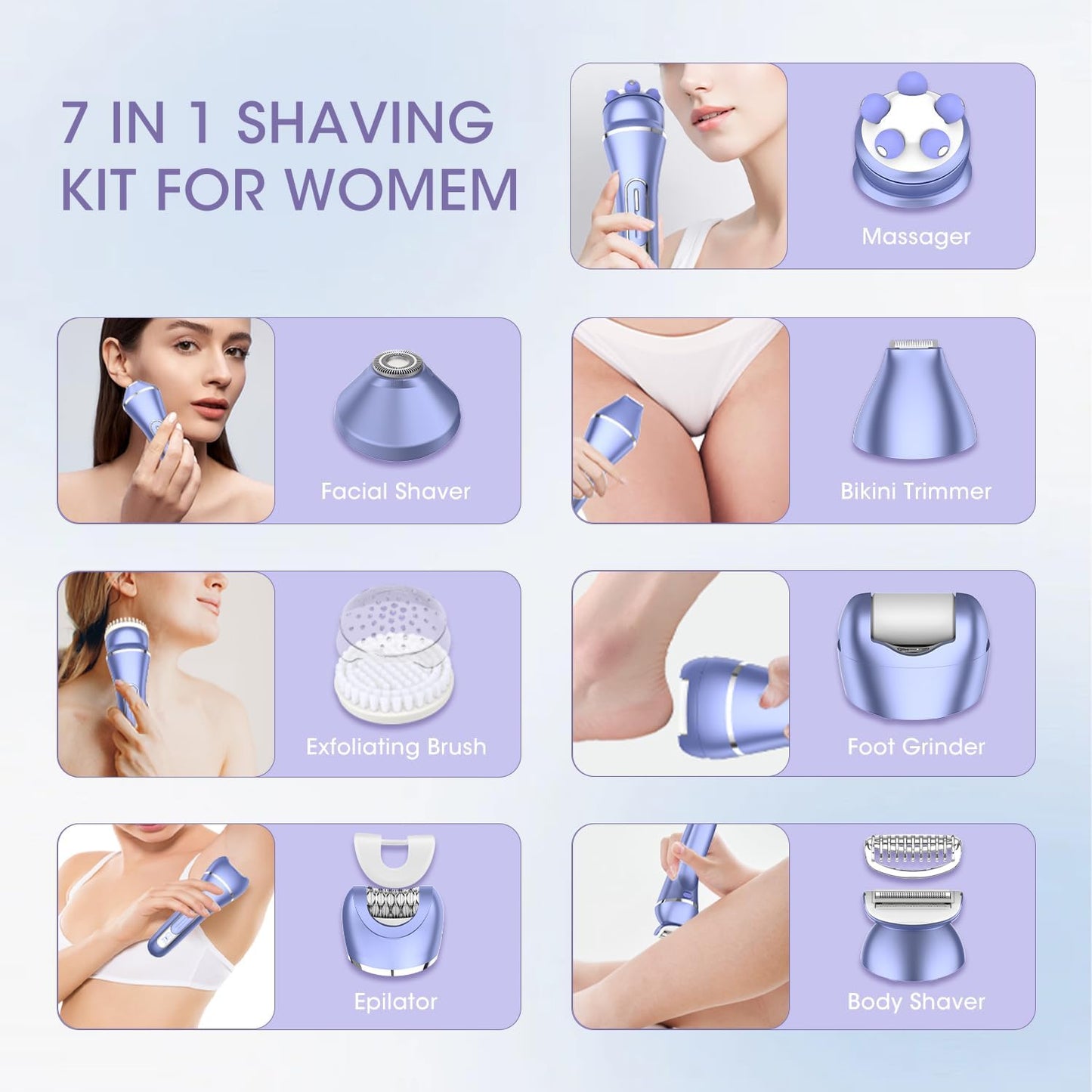 Electric Shavers for Women - 7 in 1 Hair Removal Kit with Epilator, Trimmer & Face Massager | Waterproof, Versatile Grooming Set