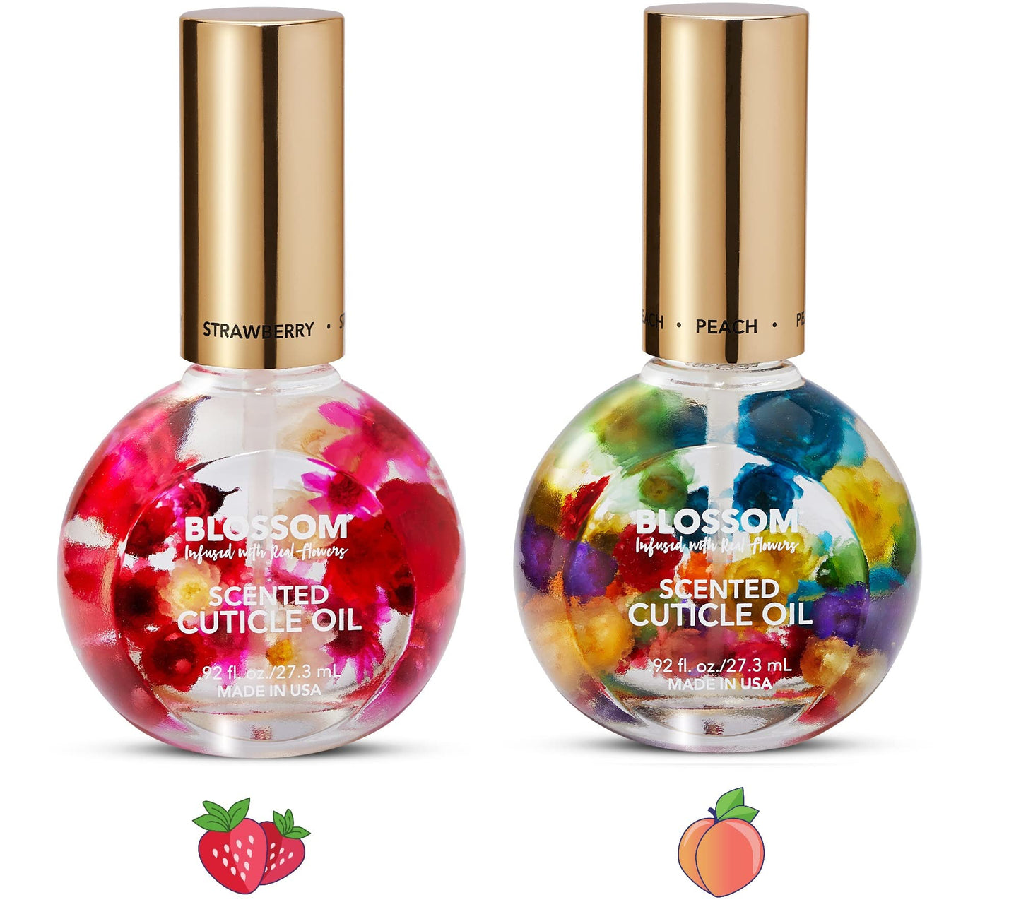 Blossom Hydrating, Moisturizing, Strengthening, Scented Cuticle Oil, Infused wtih Real Flowers, Made in USA, 1.84 fl oz, 2 Pack Bundle, Strawberry + Juicy Peach