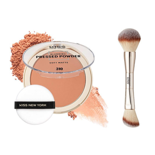 Kiss New York Soft Matte Pressed Powder (Sun Beige) With Dual Ended Powder Brush Set, Blurring Poreless Face Powder Makeup, Medium Coverage Setting Powder Infused with Salicylic Acid & Niacinamide