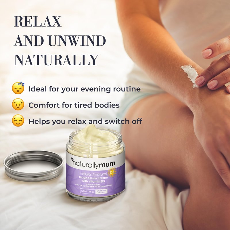 NaturallyMum Magnesium Calm Cream with Vitamin D3 & Lavender – Natural Magnesium Body Cream for Relaxation, Hydrating Skin Care & Bedtime Self Care – Vegan Friendly – 4 Fl oz
