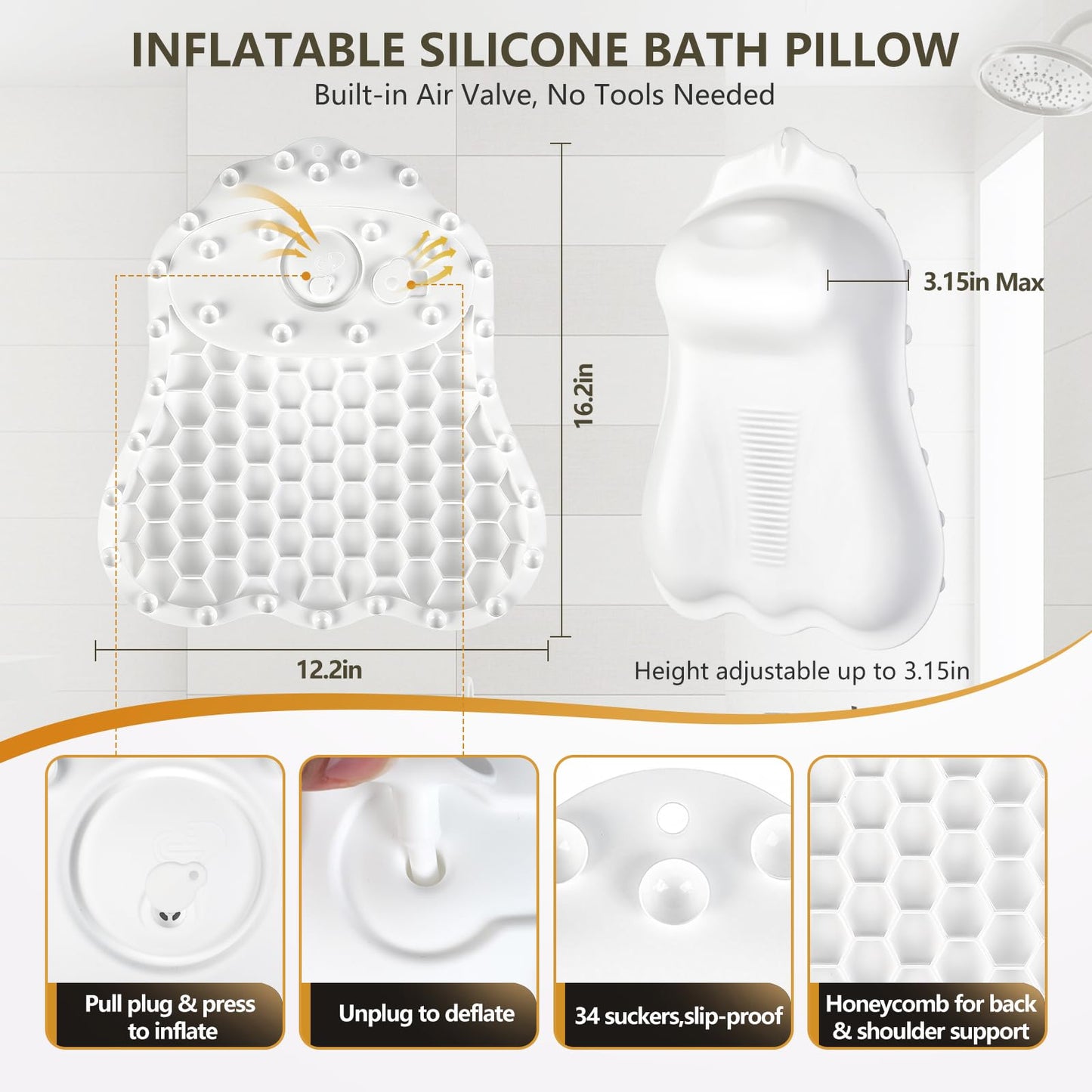Silicone Bath Pillows for Tub - Adjustable Firmness Bathtub Pillow for Offering Perfect Head Neck & Back Support, Bath Pillow Cushion for Epsom Salt Soaking – Spa Gifts for Women & Parents, White