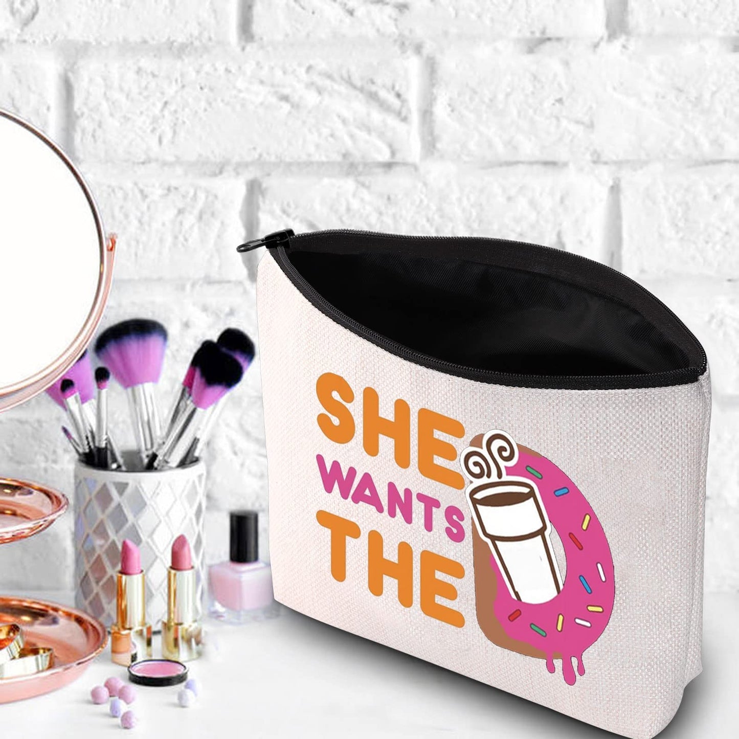 WZMPA Donuts and Coffee Cosmetic Makeup Bag Donuts Lover Gift She Wants The Donuts Makeup Zipper Pouch Bag For Friend Family (She Wants The BG)