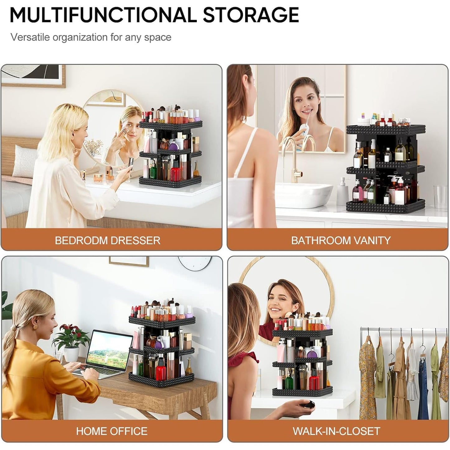 DALEMKY 360 Rotating Makeup Organizer - Black Acrylic Makeup Storage for Vanity, Cosmetic Organizer with Lotion and Perfume Holder for Dresser