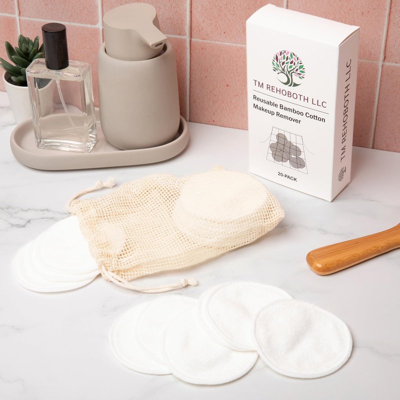 TM REHOBOTH Gentle on Skin Reusable Makeup Remover Pads - Eco-Friendly Organic Bamboo Cotton, 20-Pack with Laundry Bag, Washable, Sustainable, for Women, Skincare Lovers