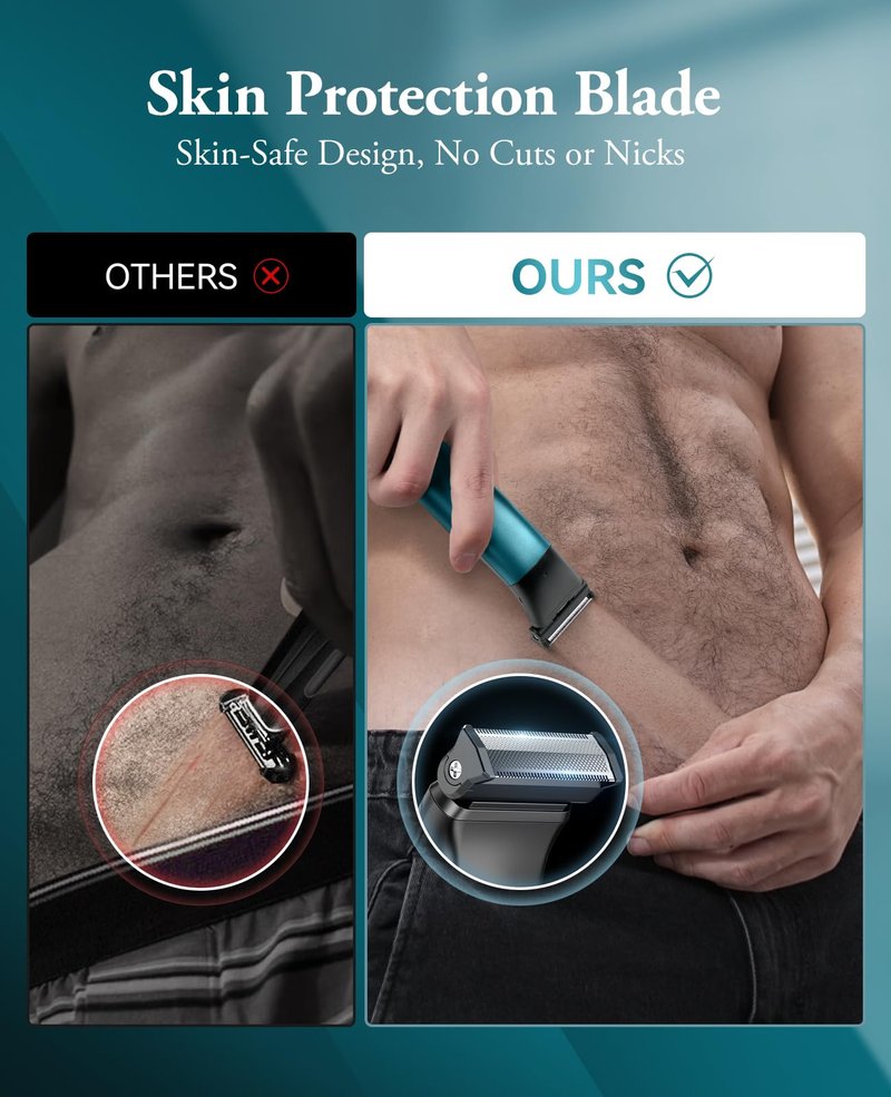 Body Hair Trimmer for Men - 6.0 Upgraded Electric Beard Trimmer, 2-in-1 Dual-Head Shaver and Body Groomer Connectivity Hybrid Face IPX6 Wet/Dry Use Groin & Ball Hair Painless Electric Razor Green