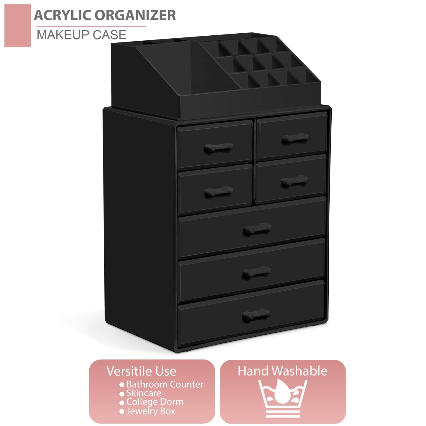 Sorbus Makeup Organizer, Brush Holder and Make Up Storage Drawers - Acrylic Makeup organizer for vanity, Bathroom - Cosmetic Display Cases with 3 large, 4 Small Drawers & 1 Tray for Makeup Brush