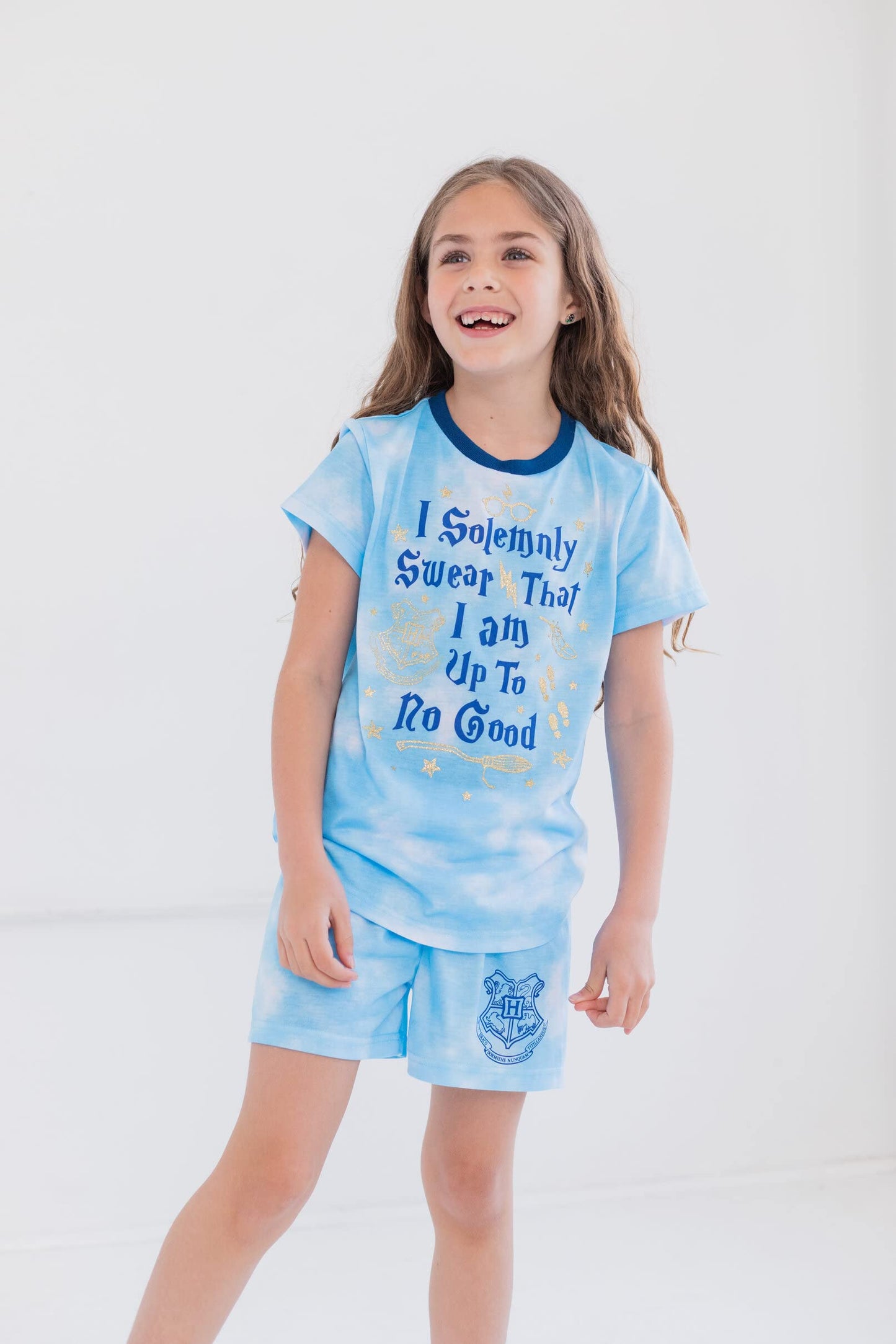 Harry Potter Gryffindor Hufflepuff Ravenclaw Slytherin Little Girls Pajama Shirt and Shorts Sleep Set Tie Dye Blue 7-8