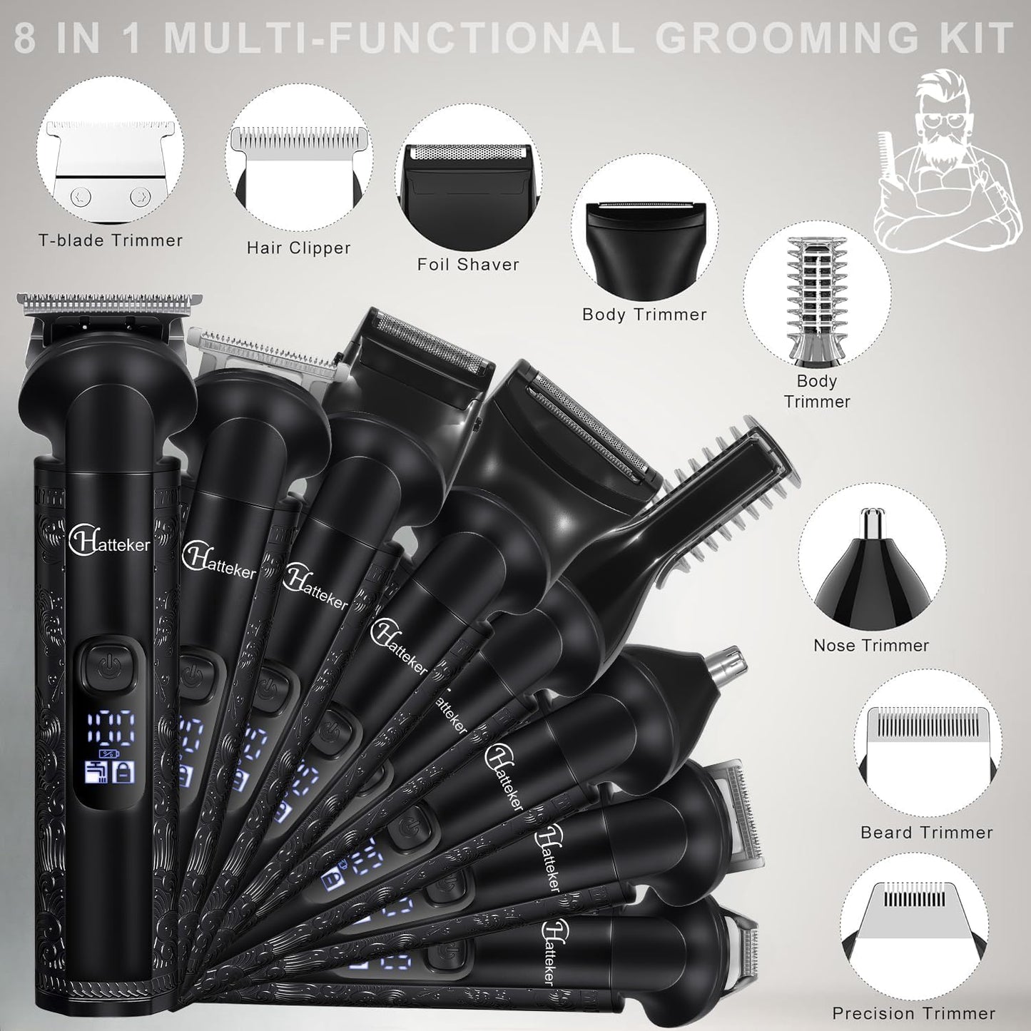 Hatteker 8-in-1 Mens Grooming Kit - Zero-Gap T-Blade Trimmer, IPX7 Waterproof Cordless Set with Hair Clipper/Beard Trimmer/Nose Trimmer, USB Rechargeable (1.5H Charge 180M Use) for Home & Travel