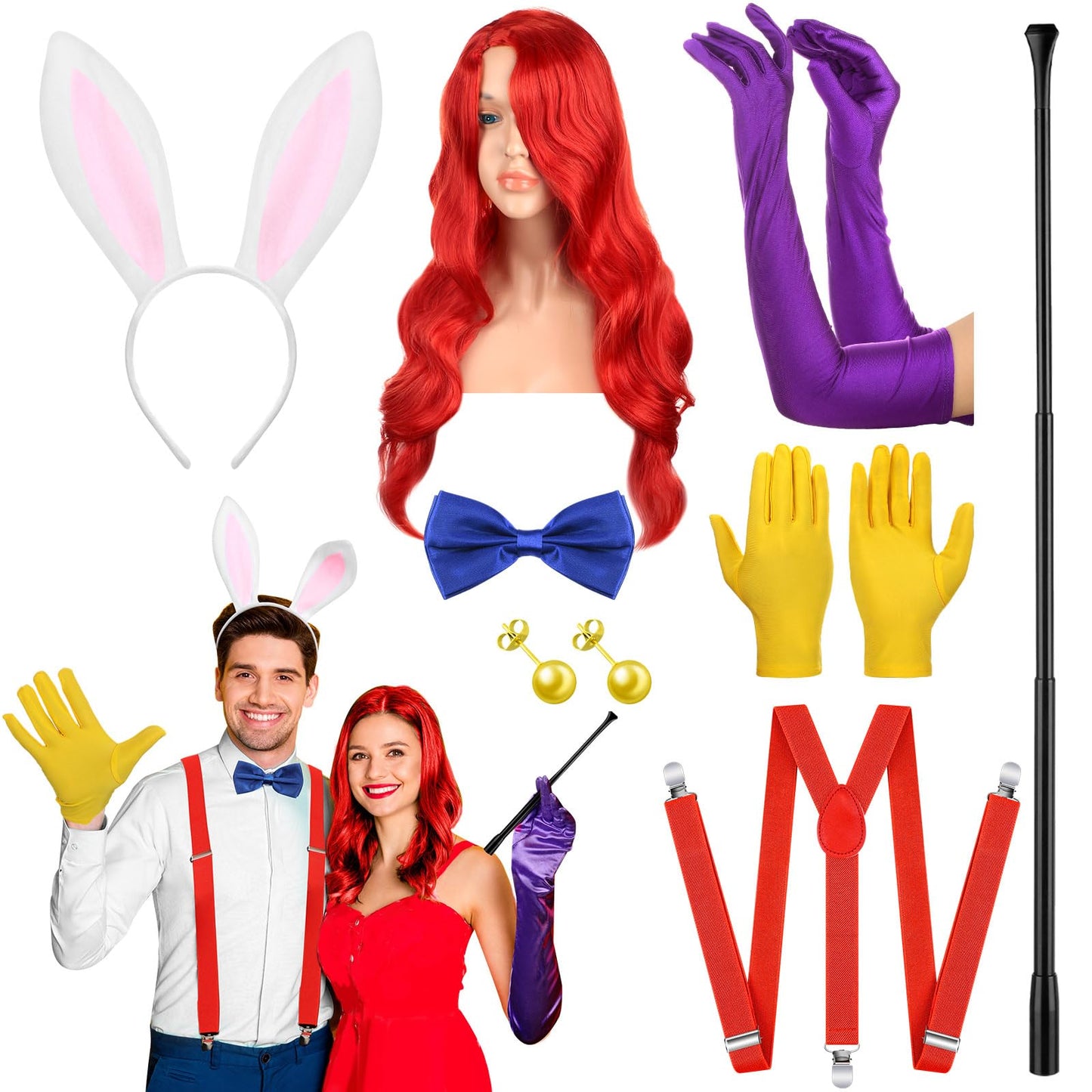 HooLing 10 Pcs Halloween Rabbit Couple Costume Accessory Set Include Red Wig Bunny Ears Headband Gloves Plastic Holder Satin Bowties Y Back Suspenders Buttons and Earrings for Adults Cosplay Party