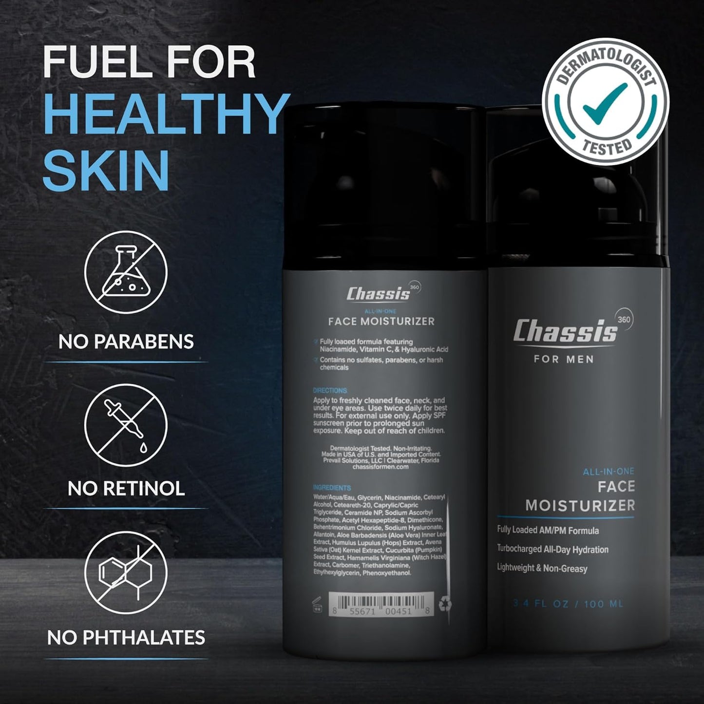 Chassis 360 All-In-One Face Moisturizer - Hydrating Lotion for Men with Vitamin C, Niacinamide & Hyaluronic Acid | 3.4 Fl Oz