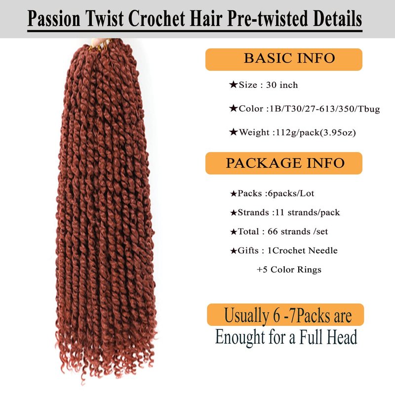 Passion Twist Hair 30 Inch Ginger Color Long Pre-twisted Passion Twists Crochet Hair Copper Red Pre-looped Curly Crochet Hair for Black Women (6Packs,350)