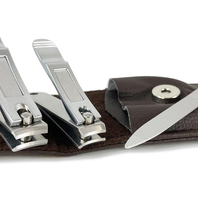 Nail Clippers Set - 3-Piece Stainless Steel Fingernail & Toenail Clippers with Nail File | Brown Travel Case for Men & Women