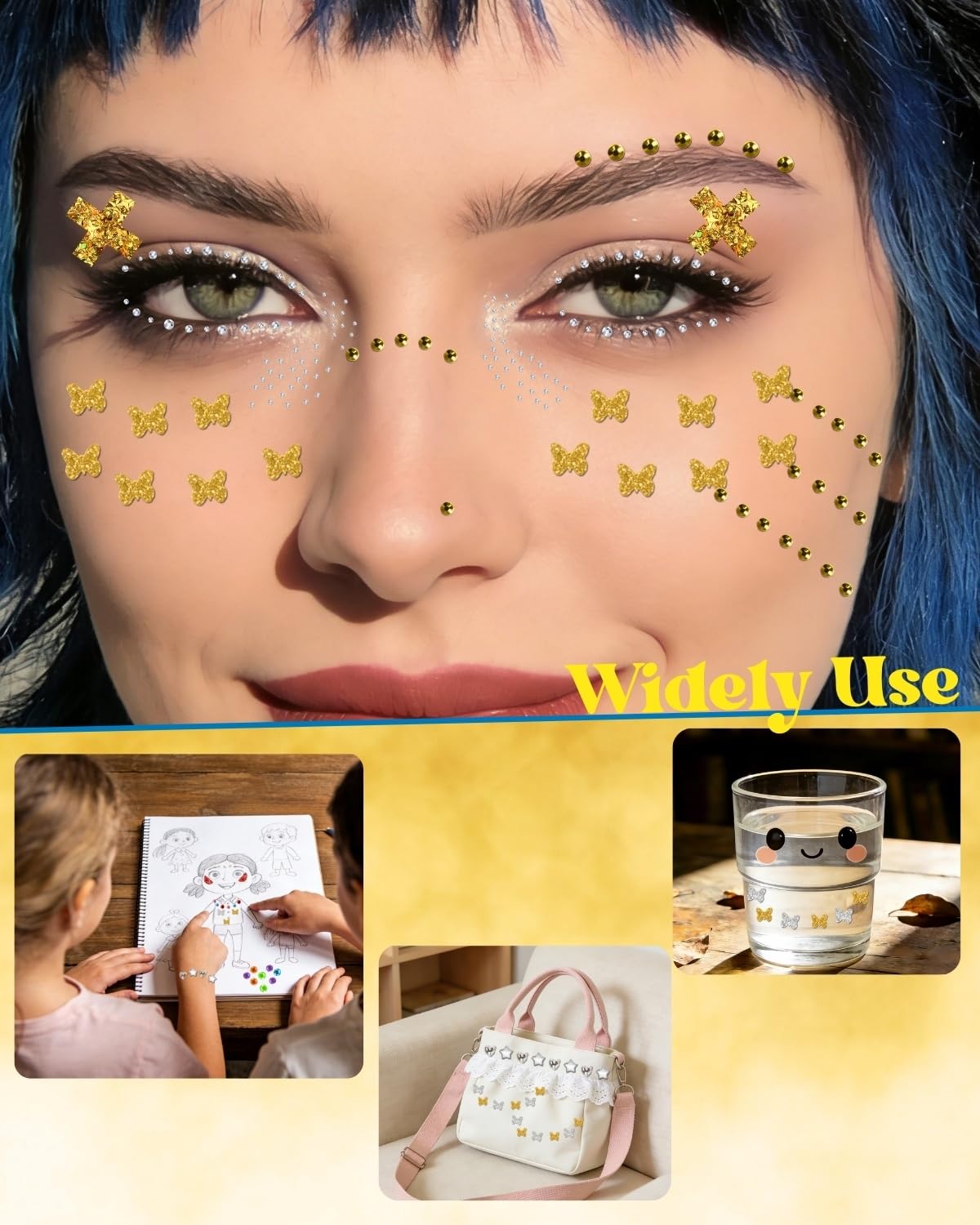 6+4 Gold Silver Face Gems Body Glitter Set: Sparkly Face Hair Glitter Gel & Self Adhesive Butterfly Heart Stars Stickers for Women Disco 50th Birthday Easter Party Makeup Accessories (Gold,Silver)