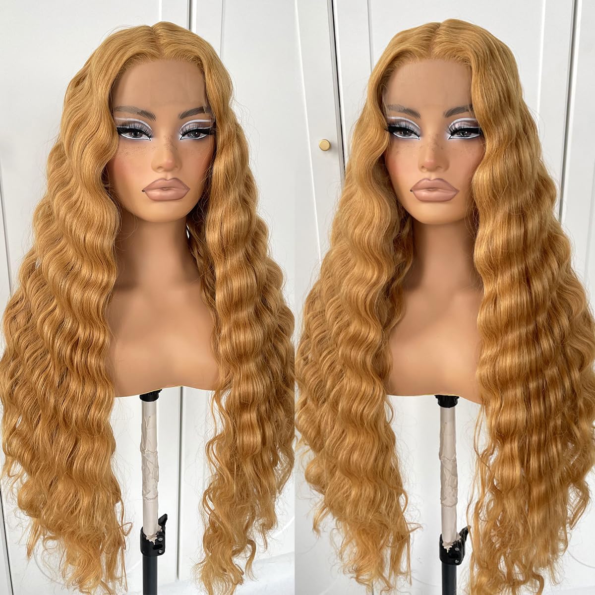 MITIMES 30inch HD Crimp Curly Lace Front Wig for Black Women Pre Plucked Human Hair Blended Synthetic Butter Loose Deep Wave Lace Frontal Curly Wigs(30Inch, Black)