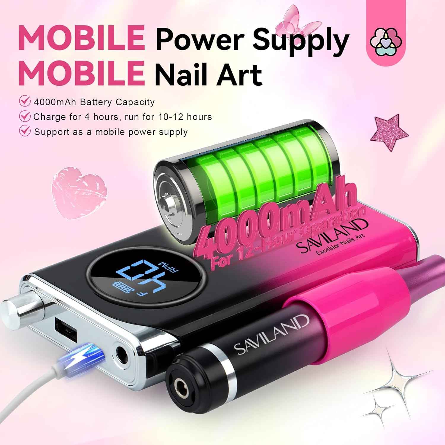 Professional 40000RPM Nail Drill for Acrylics with Jasmine Essential Oil - Rechargeable Efile Machine & Portable Nail Grinder