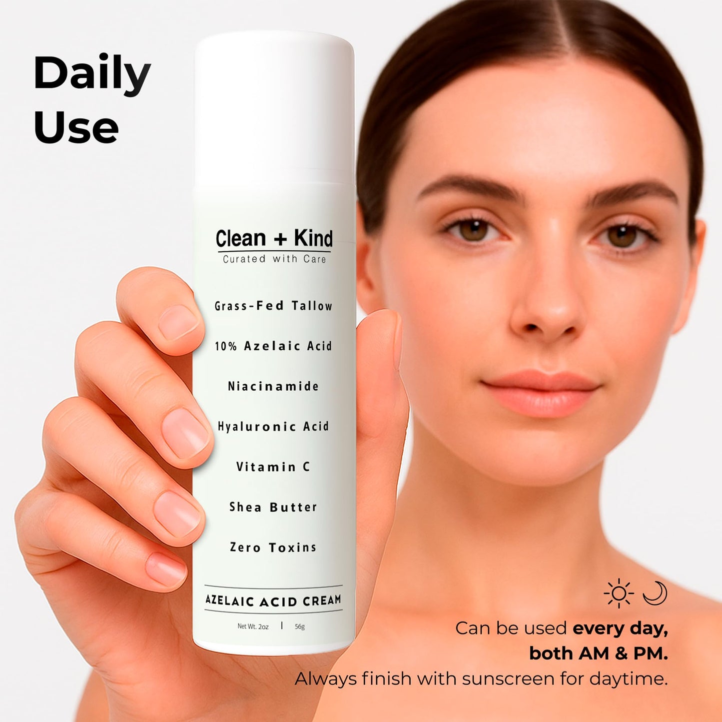 Clean + Kind Azelaic Acid 10% Face Cream with Niacinamide, Vitamin C & Hyaluronic Acid – Soothing Korean Skincare for Uneven, Blemish-Prone Skin with Shea Butter & Grass-Fed Tallow