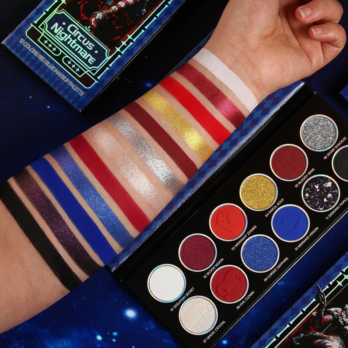 DE'LANCI Red Blue Multichrome Eyeshadow Palette, High Pigment Metallic Silver Shimmer Eyeshadow for Goth, Clown/Joker Smoky Makeup, Longwear Vegan Chameleon Iridescent Black Halloween Cosplay Party