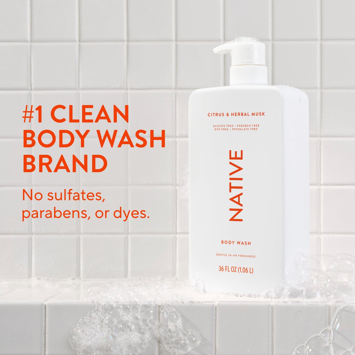Native Body Wash for Women & Men, Citrus & Herbal Musk, 36 oz Pump Bottle, Sulfate-Free & Gentle
