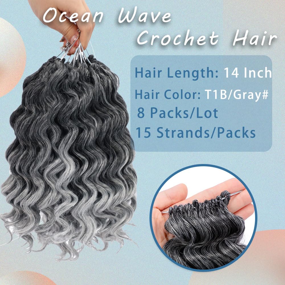 8 Packs Ocean Wave Crochet Hair for Women 14 Inch Curly Water Wave Braiding Hair Extensions Short Deep Curl Crochet Braids (14 Inch, T1B/Gray#)