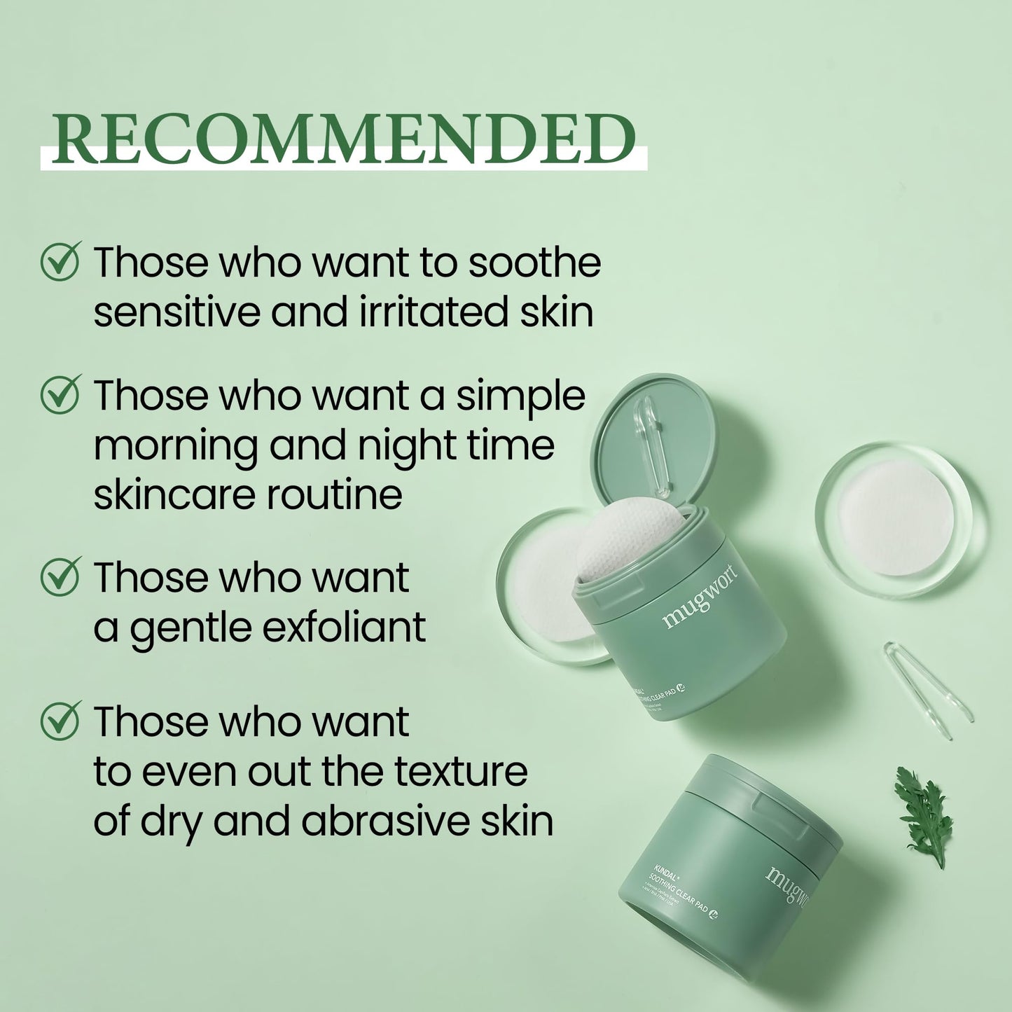 KUNDAL K Beauty Calming Cleansing Clear Pad, Jeju Mugwort, 60 Ct - Highly Concentrated Mugwort Extract Soothes & Moisturizes, Double Sided to Cleanse & Gently Exfoliate, Even Out Facial Texture