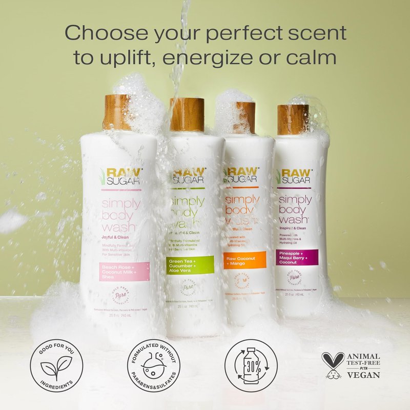RAW SUGAR Green Tea Aloe Soother Gentle & Hydrating Body Wash, 25 Fl Oz (Pack of 3), Gentle & Soothing Bath & Shower Gel, Sensitive Skin-Friendly, Vegan, Formulated without SLS/SLES & Parabens