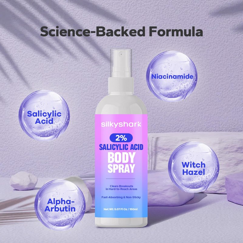 SilkyShark 2% Salicylic Acid Body Spray (5.07 Fl Oz), Back Acne Treatment Spray for Chest, Shoulders & Face, Body Acne Spray for Blackheads & Breakouts, 360° Continuous Mist, Fast-Absorbing Formula