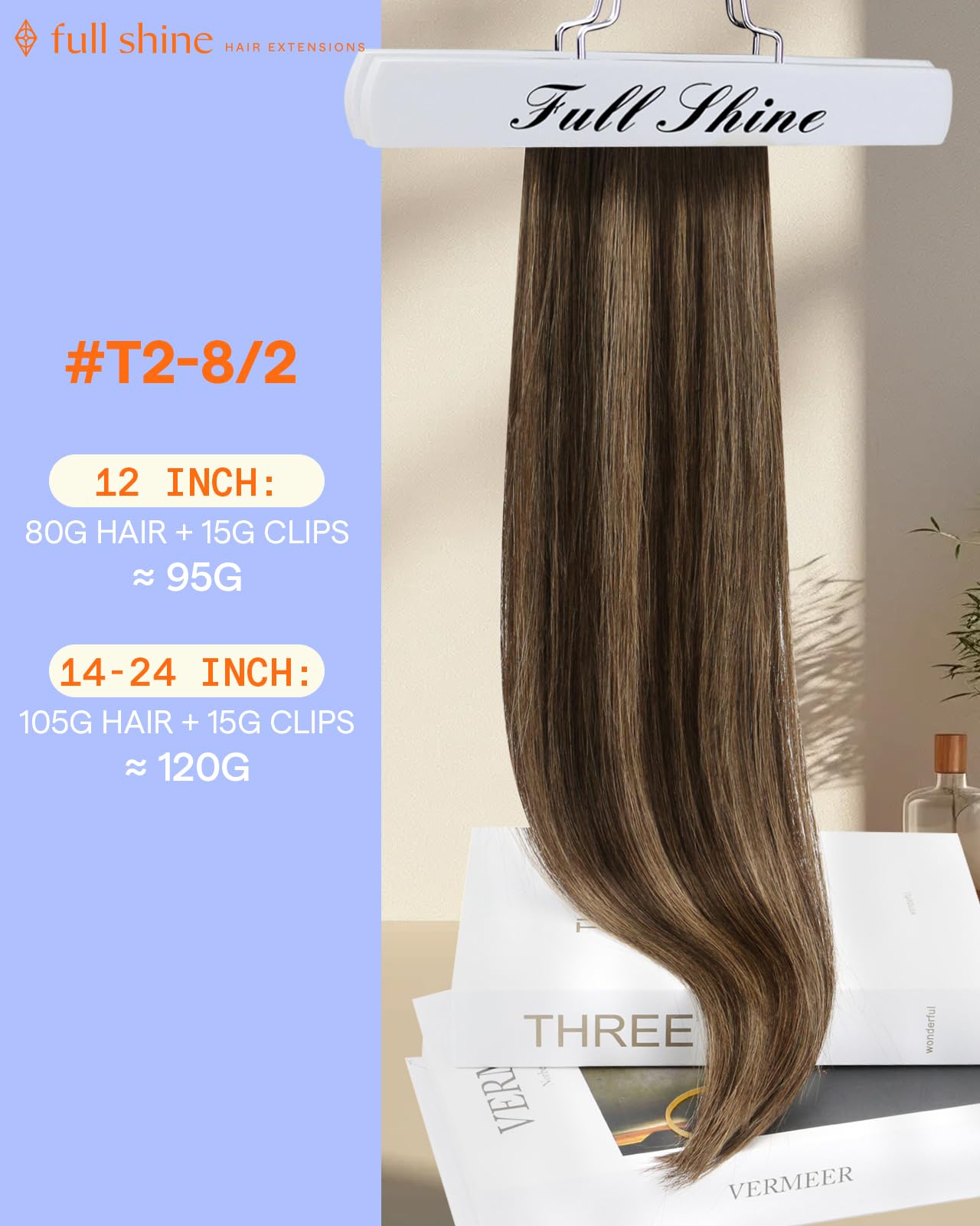 Full Shine Clip in Hair Extensions Human Hair Balayage, 12 Inch 95g