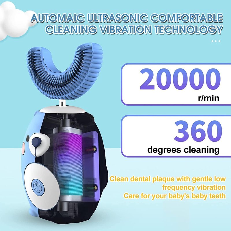 Electric Kids Toothbrush - U Shaped Ultrasonic Design with 2 Brush Heads | 6 Cleaning Modes, Blue (Ages 2-7)