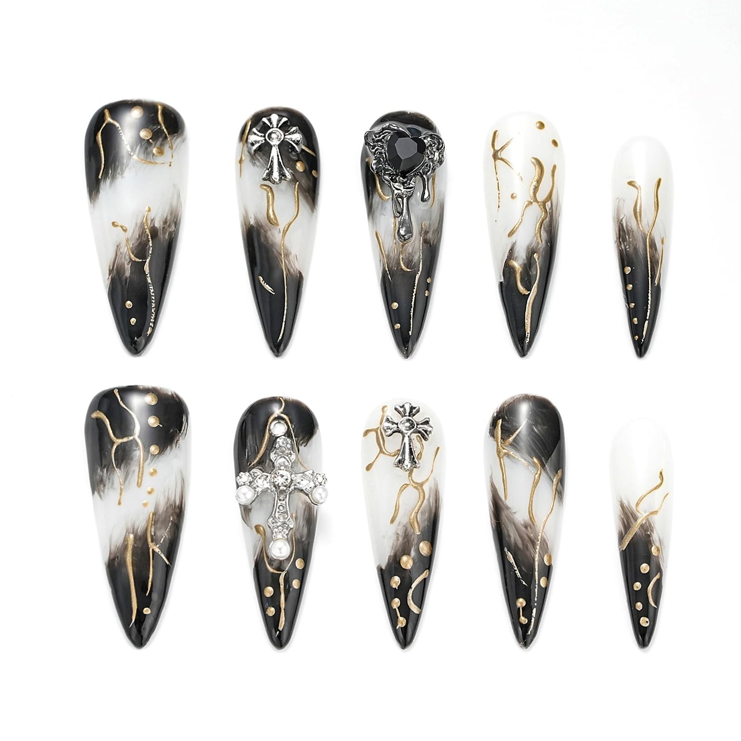 FORBELOVED NAILS,Black And White Swirl Line Handmade Press On Nails,Long Stiletto Glue On Nails,Crosses Decortions Charming False Nails For Women And Girls,10Pcs/Set With Glue,(Black-S),FOB