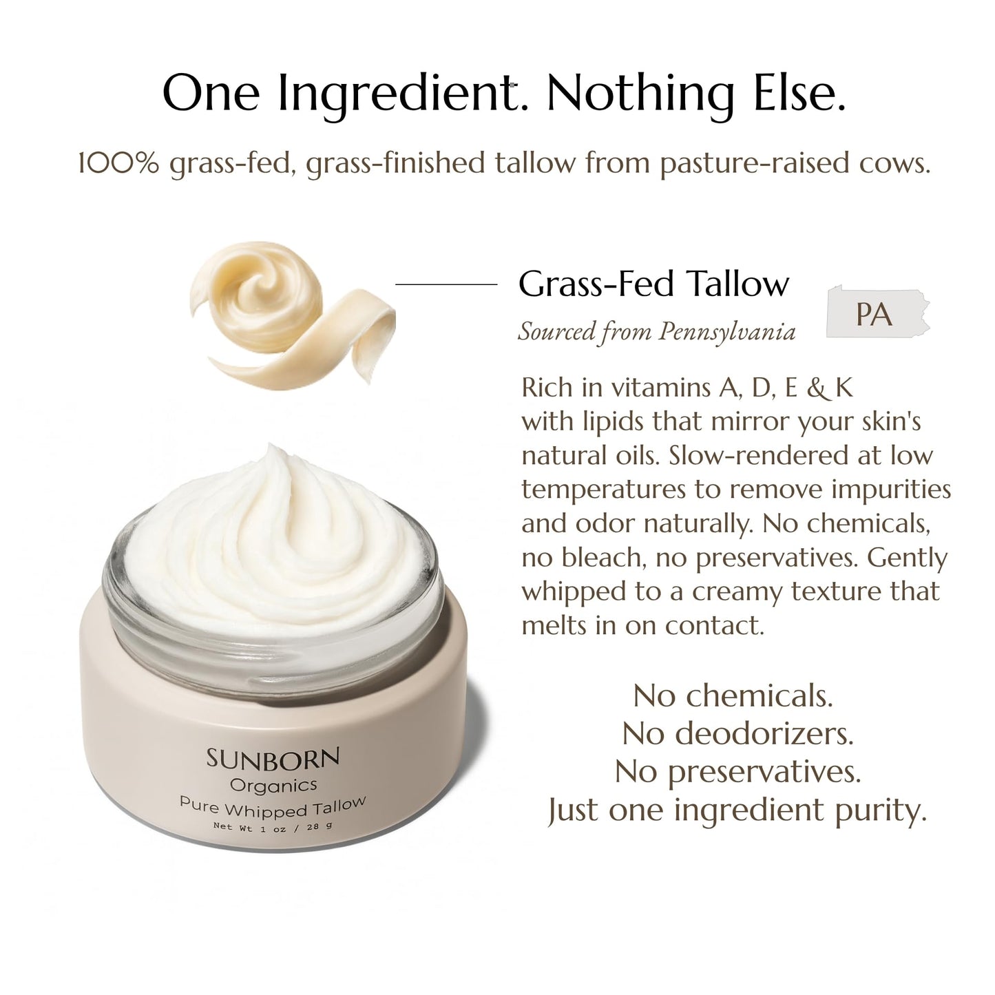 Sunborn Organics Pure Whipped Tallow Balm (Unscented) | 1 Ingredient | Handmade in USA | 100% Organic Grass-Fed Beef Tallow for Skin | Face Moisturizer for Dry Skin, Fragrance-Free, No Essential Oils