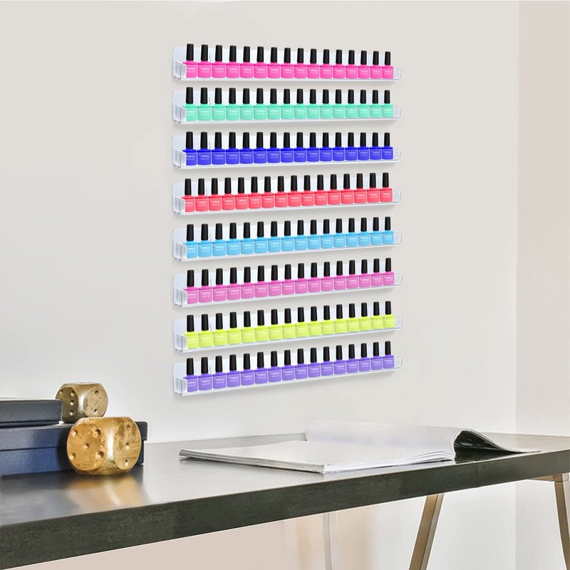 trophable 8 Pack Nail Polish Rack Wall Mounted Shelf with Removable Anti-Slip End Inserts, Clear Acrylic Nail Polish Organizer Wall Rack Display 128 Bottles…